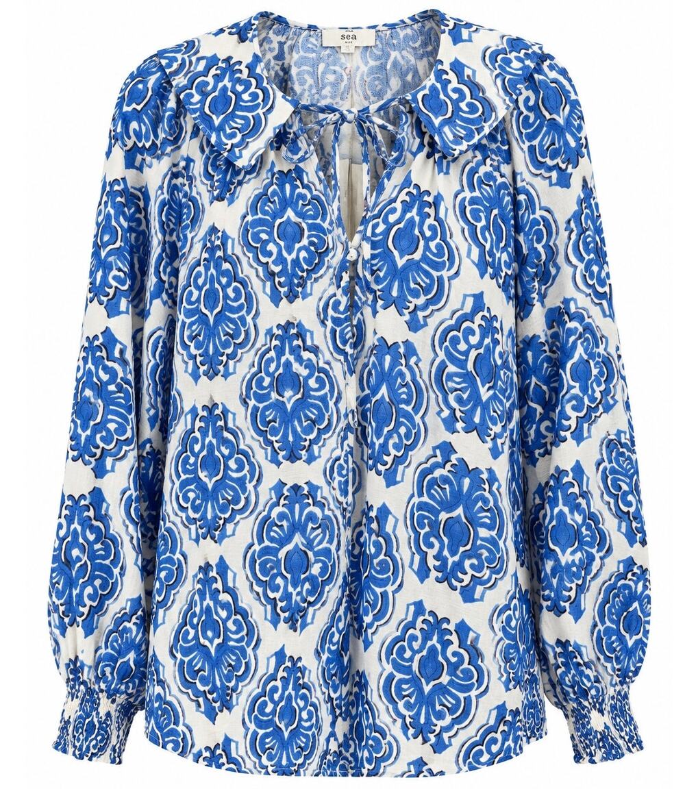 NWT Entro Alana Floral Collared Blouse Size S Blue Shift Top Damask Blue White